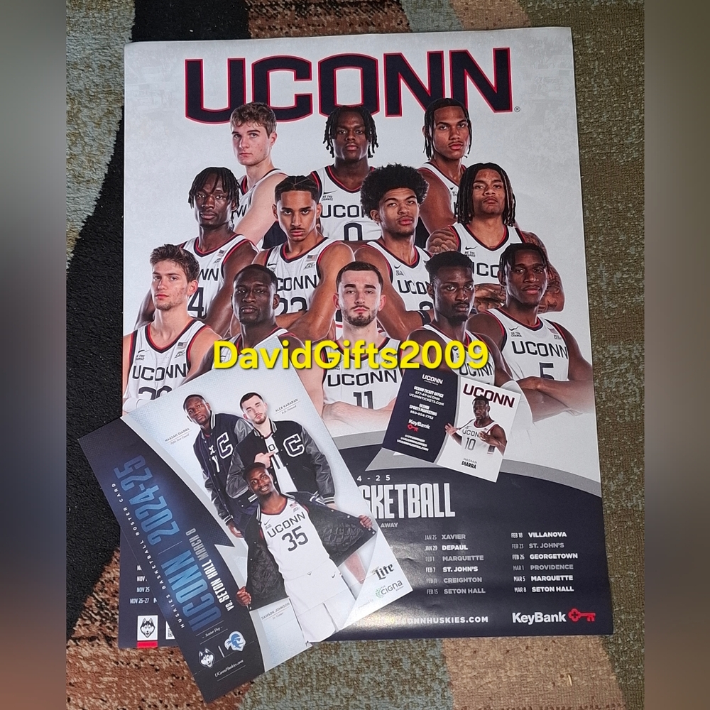 3 PACK: 24-25 CT UCONN MENS BASKETBALL CONN. HUSKIES POSTER, ROSTER, DIARRA CARD